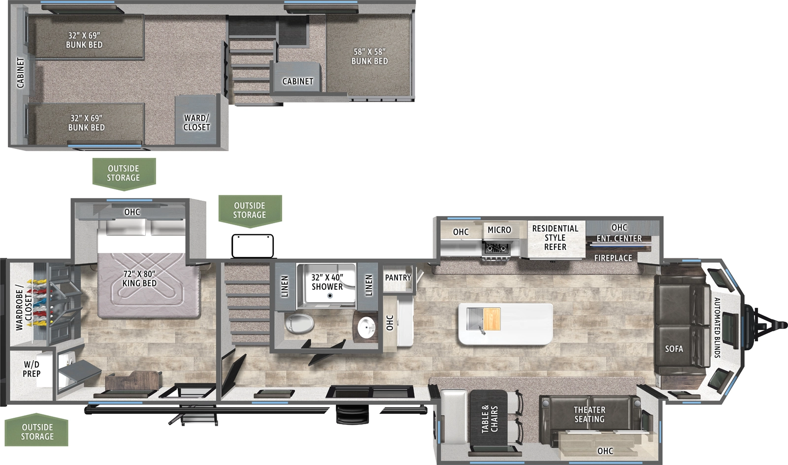 The Puma Destination 402LFT floorplan has two entries and three slide outs. Exterior features include: metal exterior and 21' awning. Interiors features include: loft, kitchen island, free-standing dinette option, rear bedroom and front living.